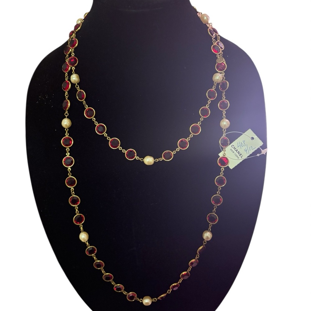 Vintage 1981 Chanel Red Crystal Chiclet Chain Sautoir Necklace
